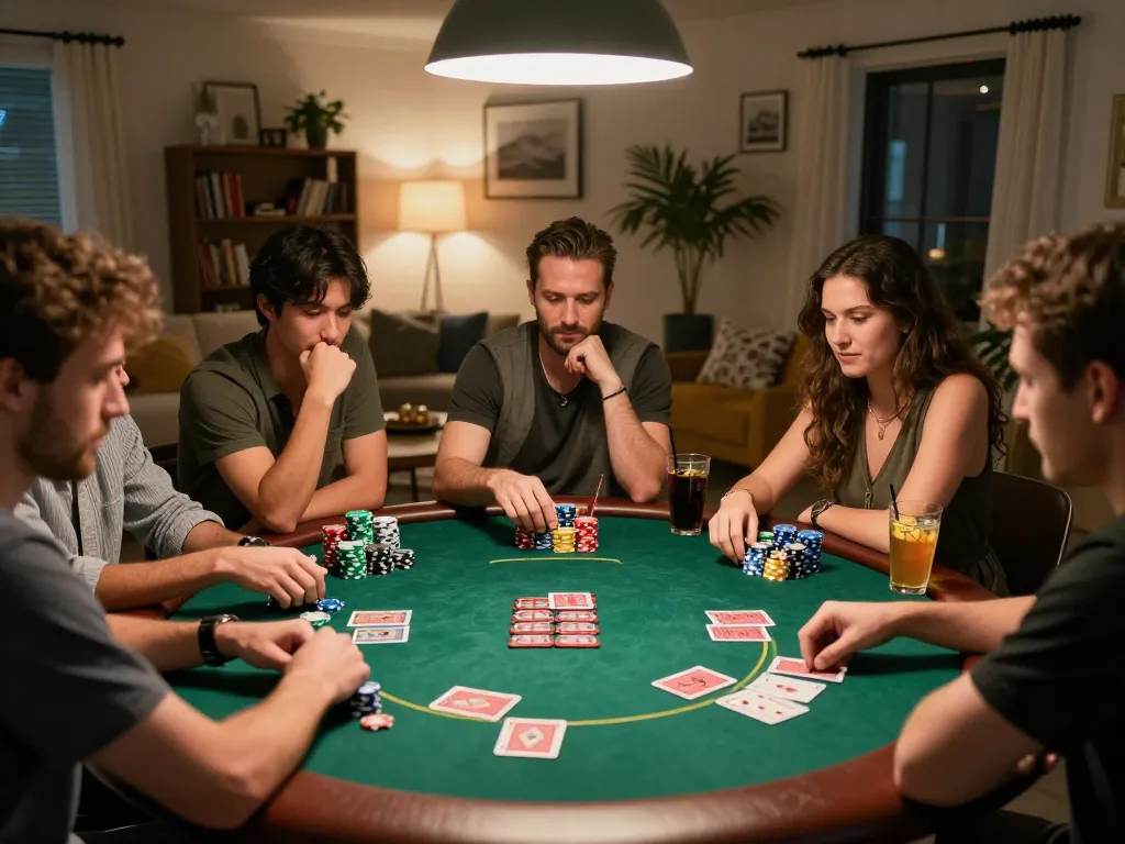 Friends enjoying a poker night, showcasing game bài đổi thưởng uy tín atmosphere with chips, cards, and snacks.