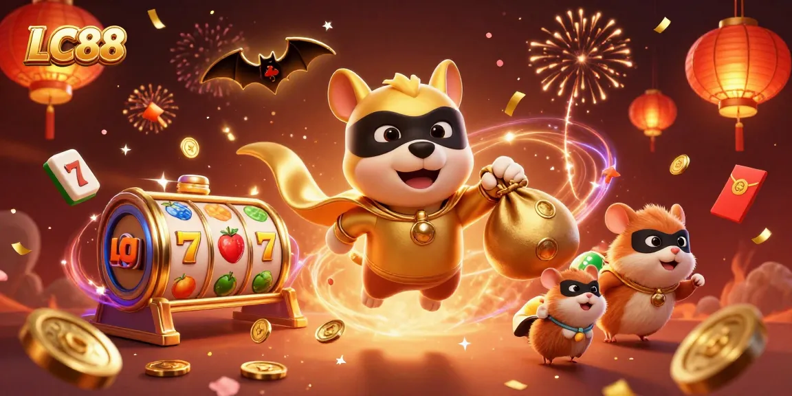 LC88's superhero dog and hamster engage in thrilling slot play amidst vibrant casino elements.