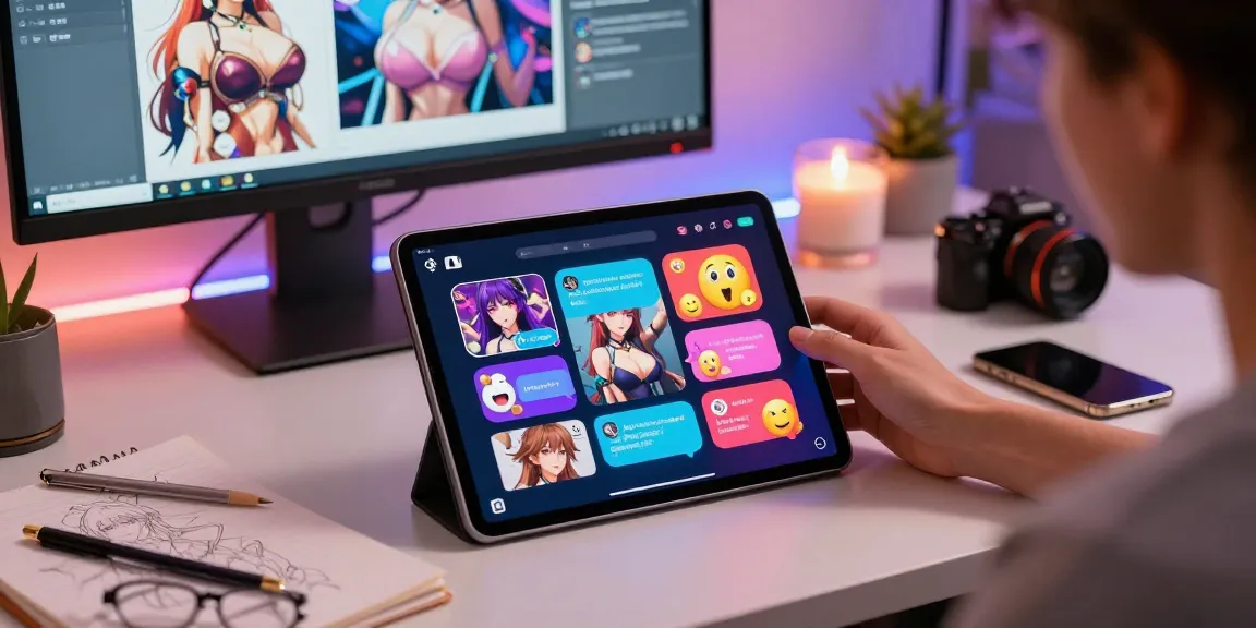 Engaging in ai hentai chat on a tablet with vibrant characters and modern home office setup.