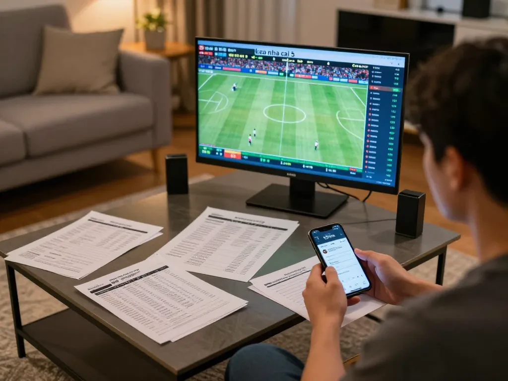 Engaging in strategic online sports betting with keo nha cai 5 displayed on screens.
