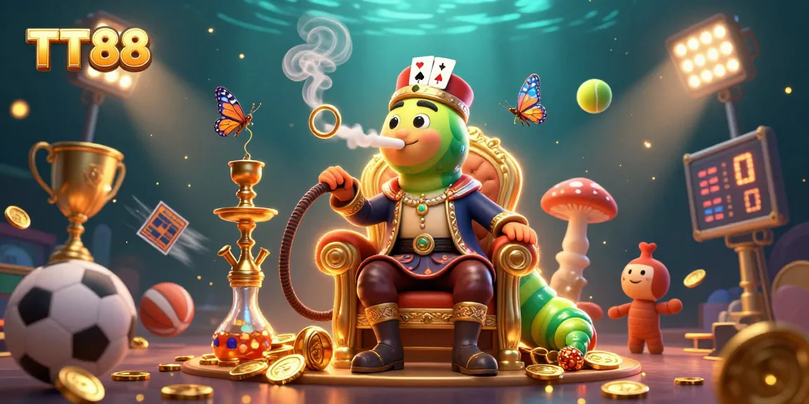 Experience TT88's vibrant casino adventures with a dynamic caterpillar master amidst sports elements.