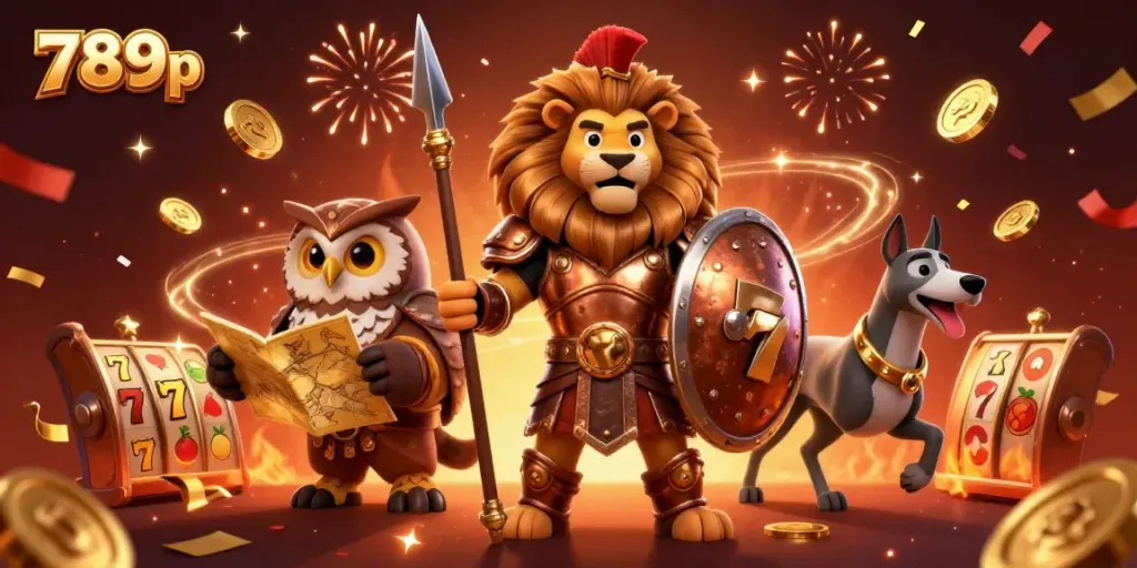 Engage with 789p’s dynamic online casino experience highlighted by a heroic Spartan lion and celebratory elements.