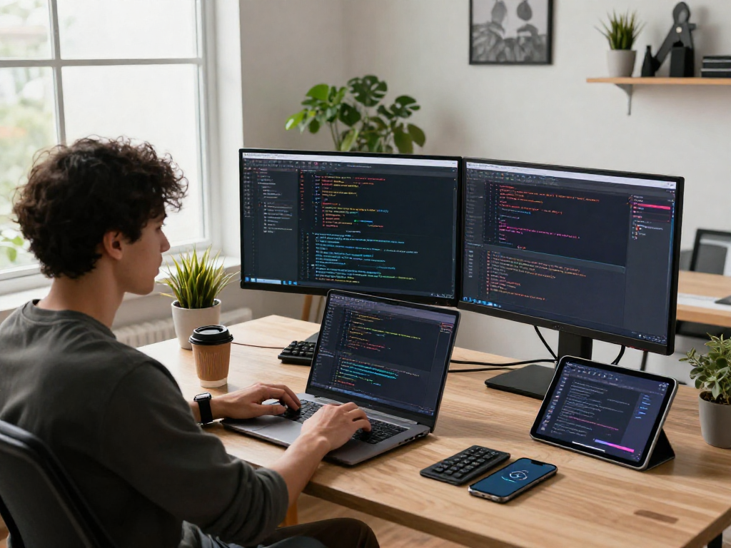 Developer coding on laptop at modern workspace highlighting trang chủ debet with tech gadgets and vibrant screens.