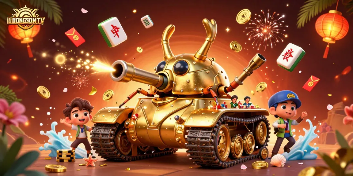 LUONGSONTV showcases a golden beetle tank casino with confetti, bringing vibrant luck and fun.