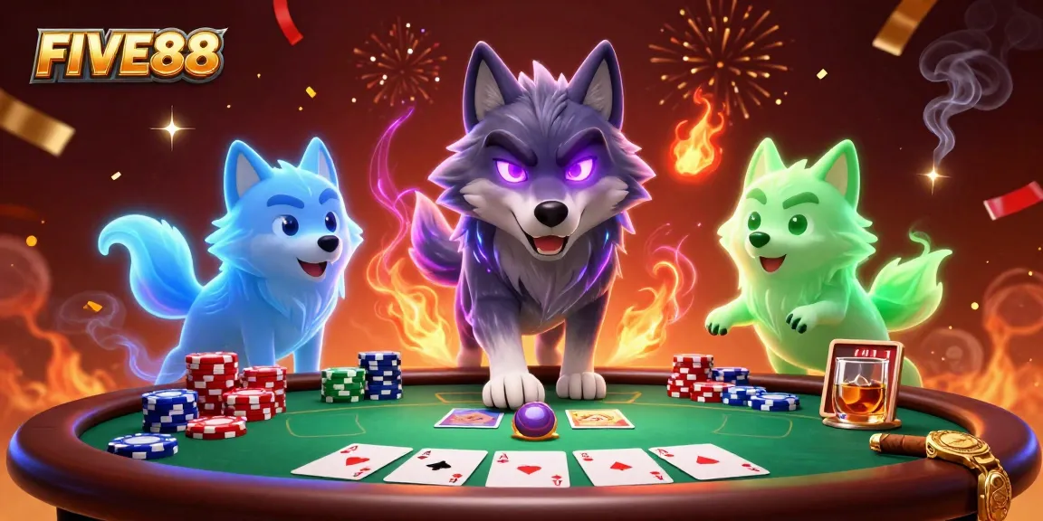 Experience exciting gameplay at FIVE88 with a dynamic poker showdown illustration featuring vibrant characters.