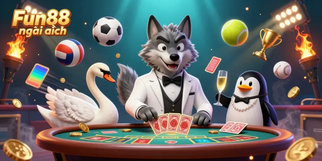 Experience Fun88 mới nhất with a dynamic casino scene featuring a stylish wolf and swan dealers.