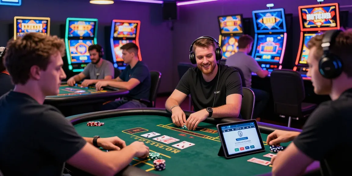 Engaging scene of players at HITCLUB online gaming platform interacting at live casino tables with colorful slot machines in the background.
