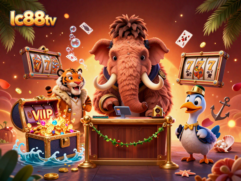 Experience the excitement of lc88tv with our colorful casino scene featuring unique characters and slot elements.