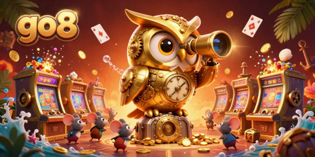 Experience the thrill of go8 as a clockwork owl surveys a vibrant casino scene filled with action.