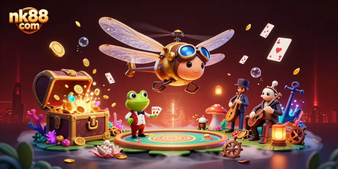 Experience thrills at nk88 com with a vibrant 3D casino scene featuring a playful dragonfly pilot and frog dealer.