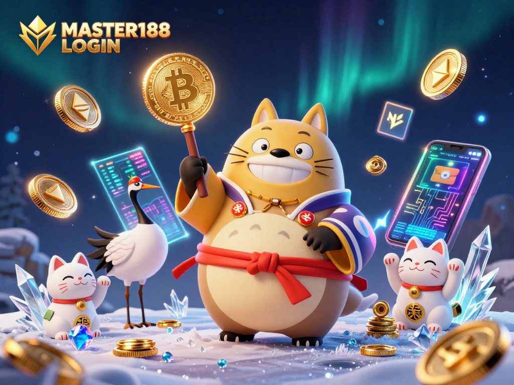 Engage with MASTER188 LOGIN featuring a lucky tanuki and crypto elements in a vibrant casino illustration