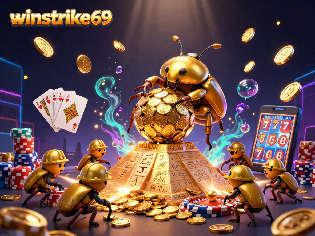 Experience the excitement with winstrike69 as golden beetles roll golden coins in a vibrant casino