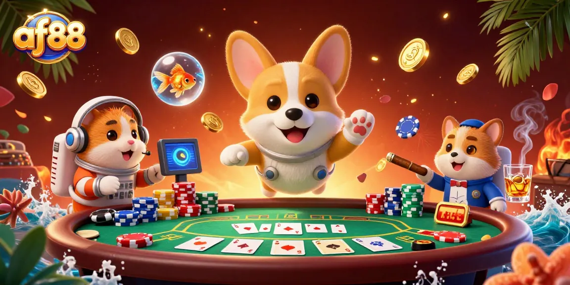 Engage with af88's cosmic casino adventure featuring a corgi and hamster in zero gravity.