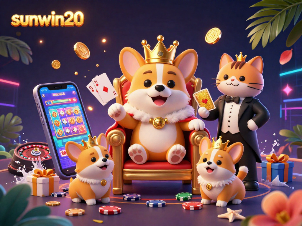 Experience the excitement of sunwin20 with a vibrant illustration featuring a royal corgi and casino elements