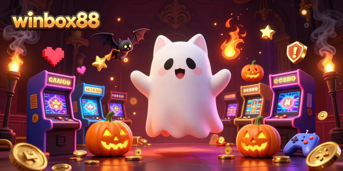 Winbox88 showcases games in a vibrant haunted casino with a friendly ghost cat and bat.