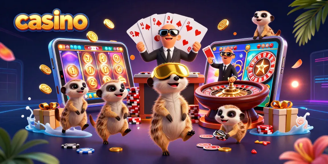 Meerkats run a casino with colorful slot games, showcasing engaging gambling action.