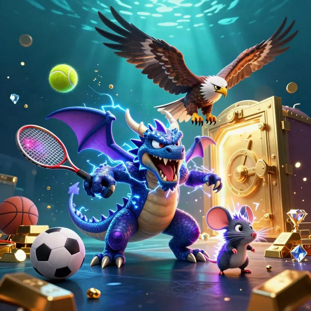 Thunder dragon, hawk, and mouse burst with gold and neon casino energy around sports gear.