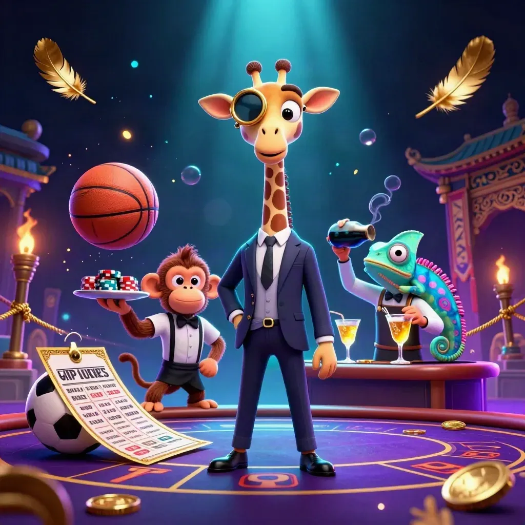 Neon casino animals at a VIP table with basketball and soccer ball flying through sparks.