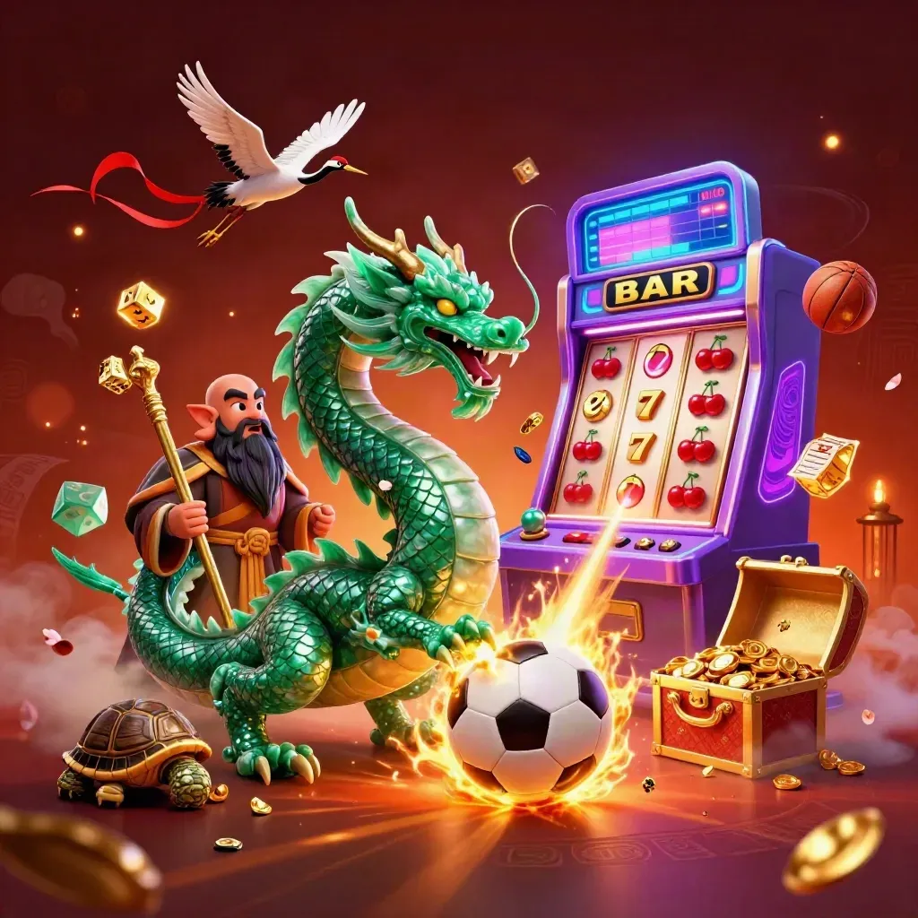 Jade dragon, turtle sage, cranes, slot machine, and sports gear in a fiery casino scene