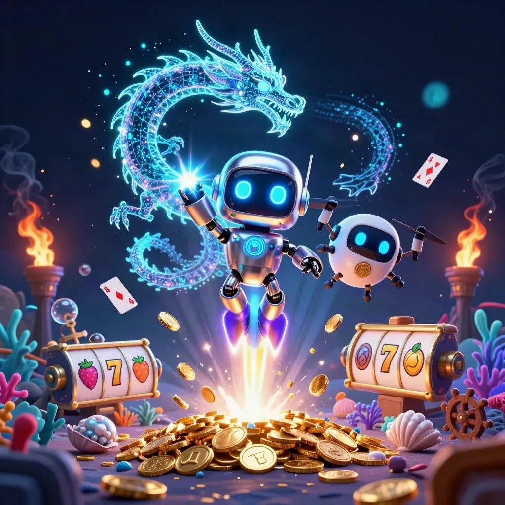 Robot mascot, digital dragon, and coin drone in a neon treasure cove with slots reels and gold coins.