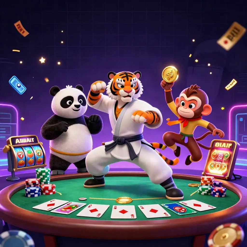 Kung-fu tiger, panda, and monkey amid neon casino chaos, cards, chips, and slot symbols.