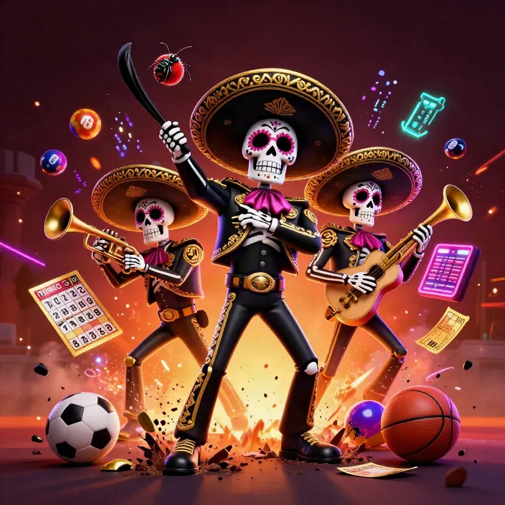 Skeleton mariachi trio amid cricket-ball blast, neon casino props, ember-lit dark background