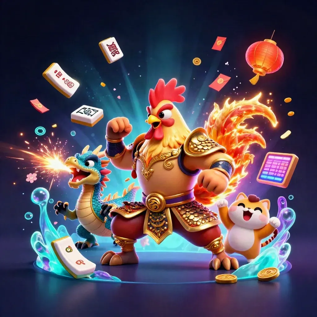 Rooster warrior, dragon hatchling and lucky cat amid casino sports props and neon effects.