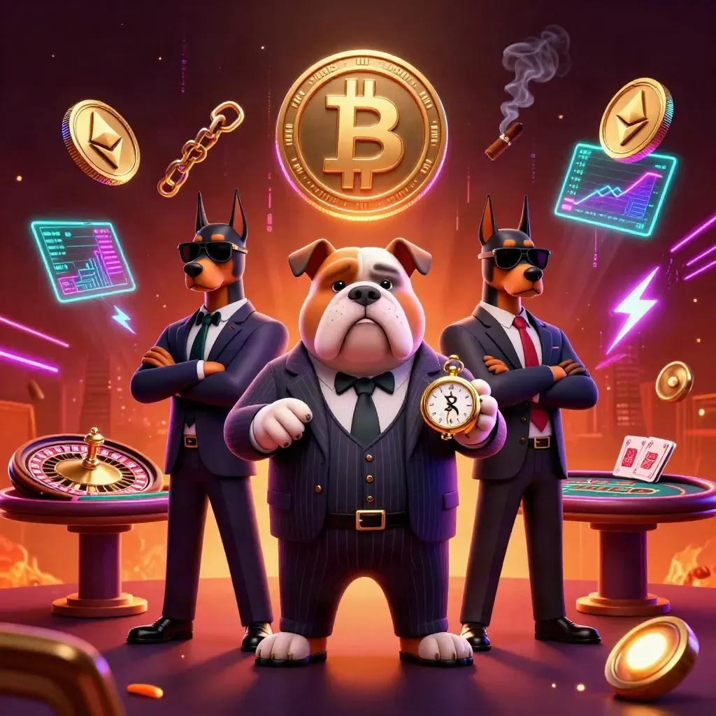 Mob boss bulldog and Dobermans amid neon crypto casino effects in a crimson-lit luxe room.