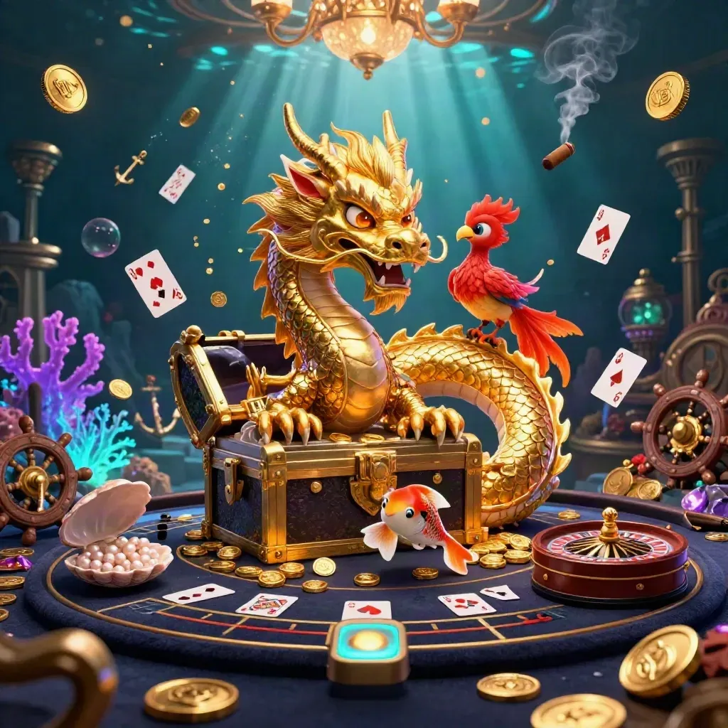 Golden dragon, phoenix, and koi in a luxury underwater casino treasure cove with glowing effects.