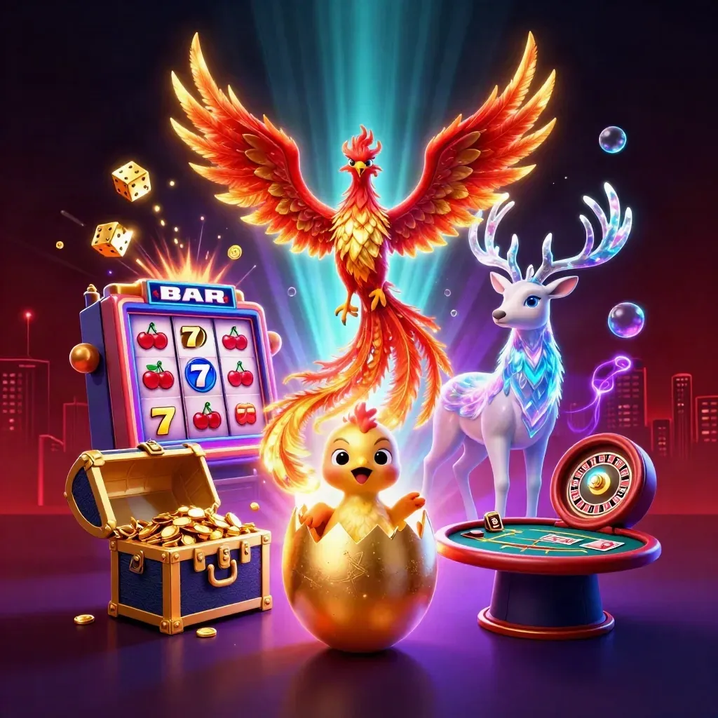 Phoenix, stag and baby phoenix amid casino loot, neon glow, and a bursting slot machine.