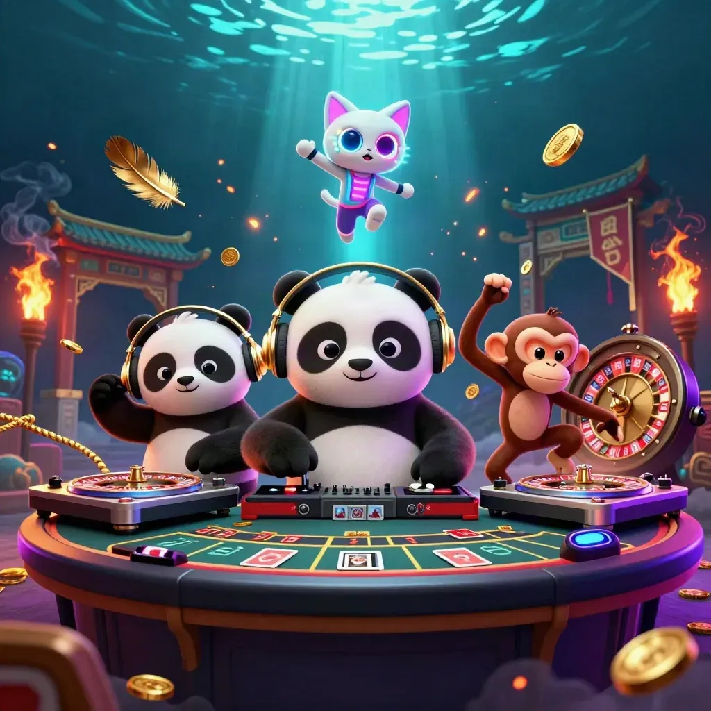 Panda DJ, breakdancing monkey, and glow-stick kitten in neon casino action.