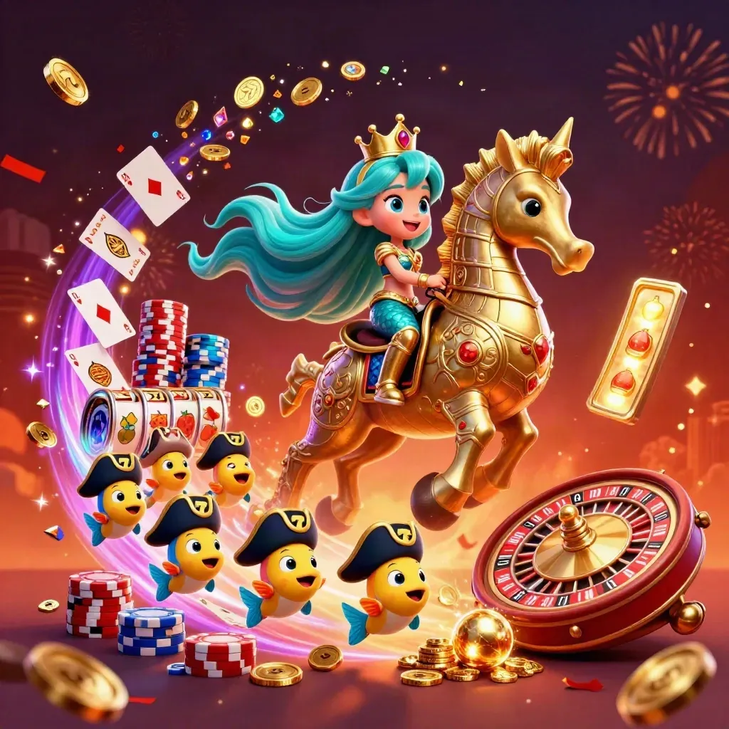 Mermaid princess on armored seahorse amid coins, gems, cards, chips, fireworks, and neon casino glow.