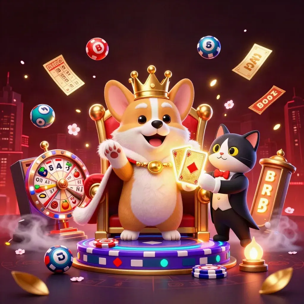Royal corgi and cat butler amid casino loot, lights, and glowing game effects.