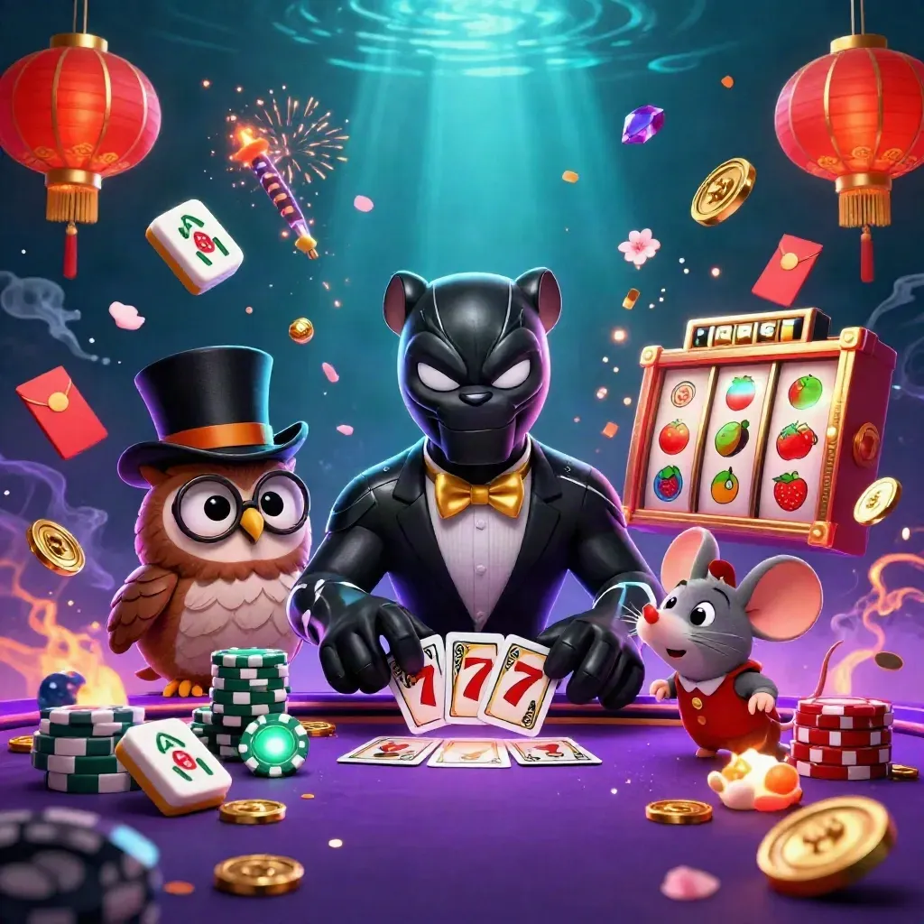Panther, owl, and mouse in a neon casino burst with coins, tiles, lanterns, and fireworks.