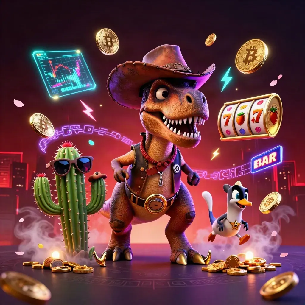 Cowboy T-Rex trio blasting treasure, coins, neon effects, and casino icons in a purple glow