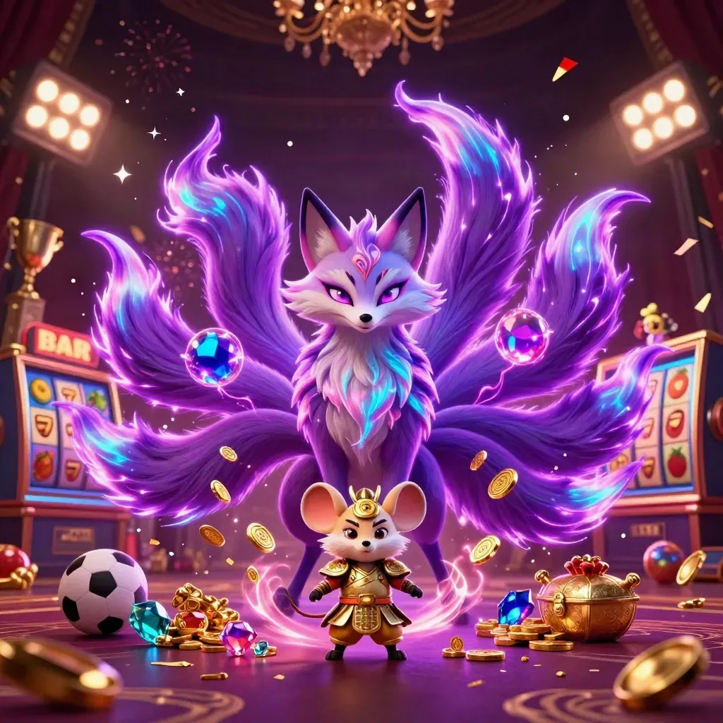 Nine-tailed fox spirit with golden samurai mouse, coins, balls, fireworks, and neon casino glow.