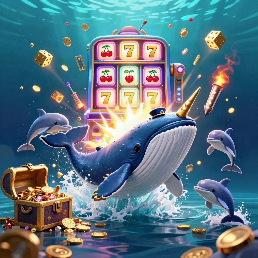 Whale captain, narwhal and dolphins burst through coins and treasure in neon teal underwater light