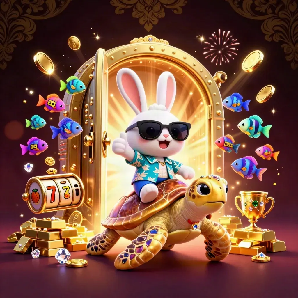Rabbit on golden turtle amid vault burst, coins, gems, reels, fireworks, and casino glow.