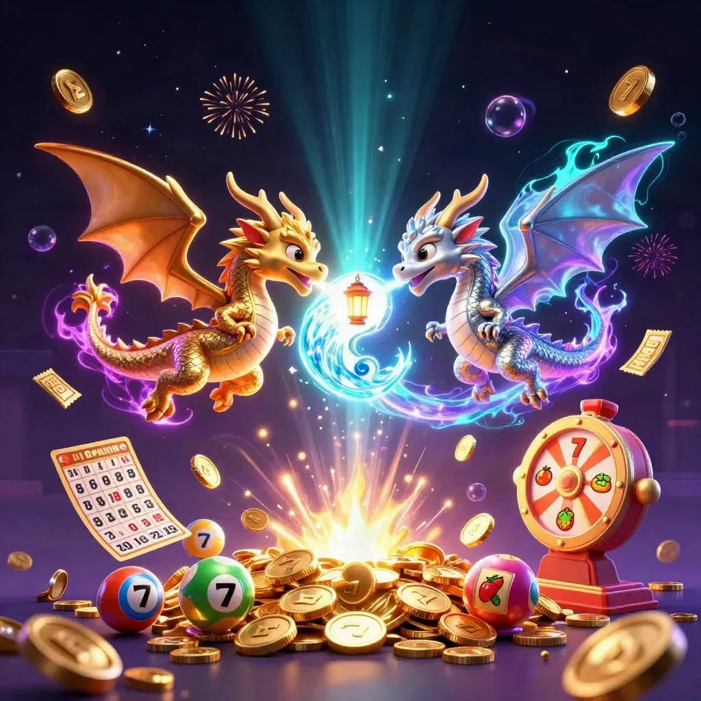 Gold and silver dragons mid-flight with treasure bursts, coins, lottery balls, and neon casino glow.