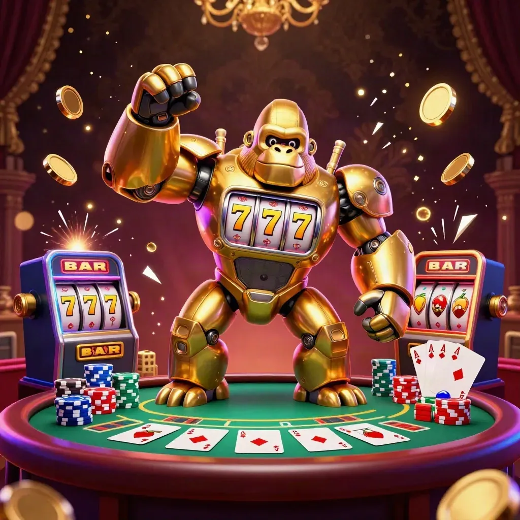 Golden gorilla slot mech and monkey pilot amid cards, chips, coins, and fireworks