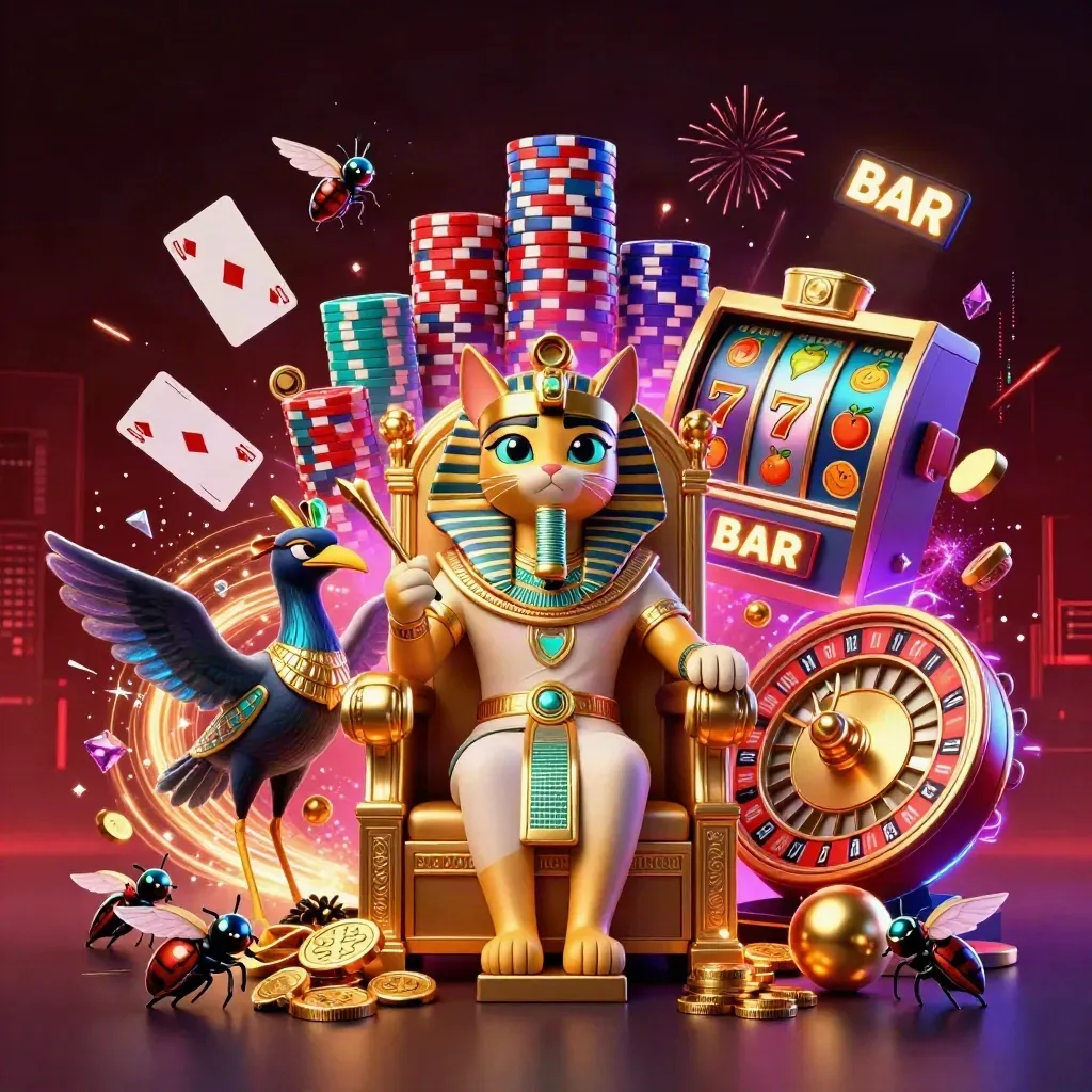 Pharaoh cat on a gold throne amid coins, roulette, chips, and neon casino magic.