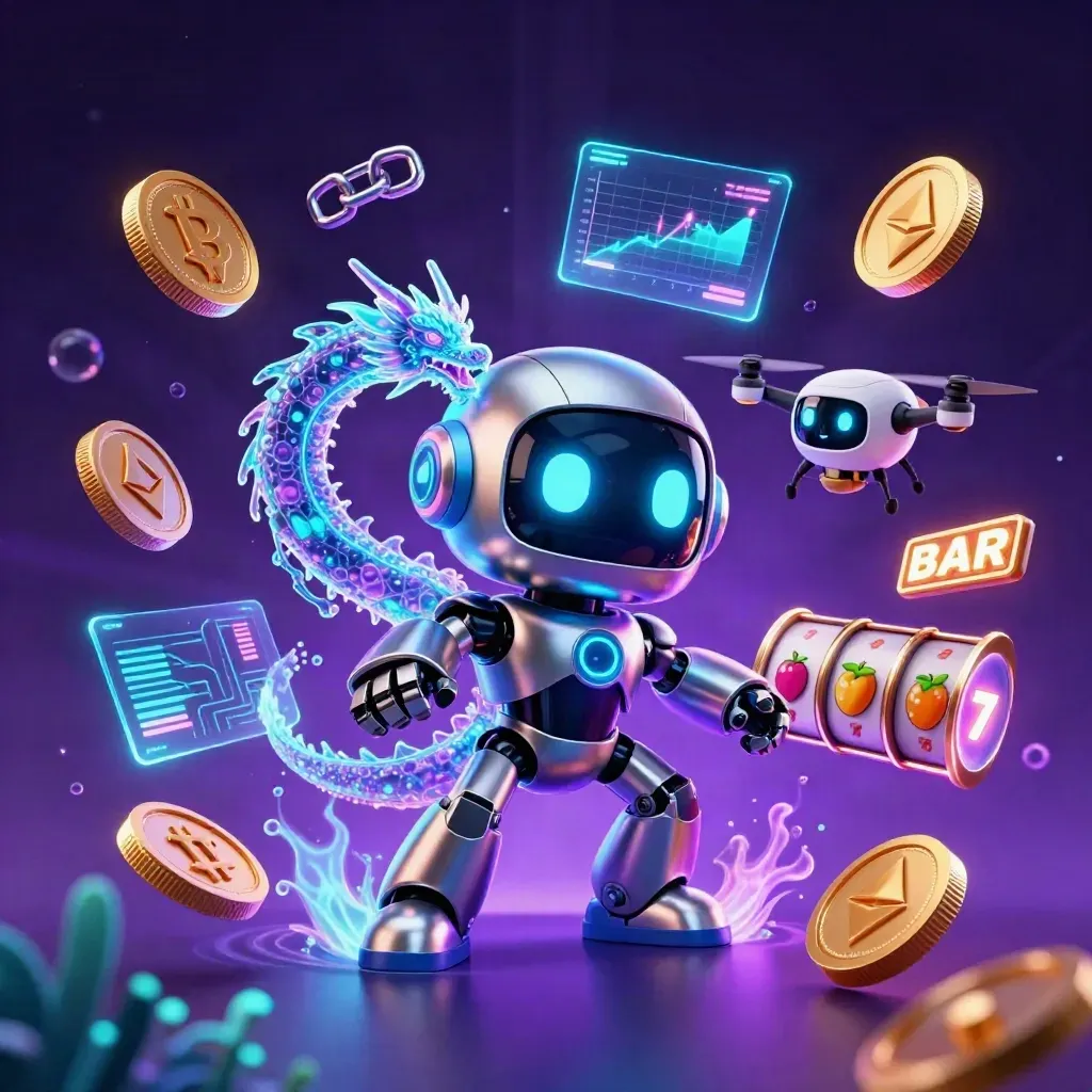 Cyberpunk robot, holographic dragon, coin drone, and casino symbols explode in neon purple-teal light.