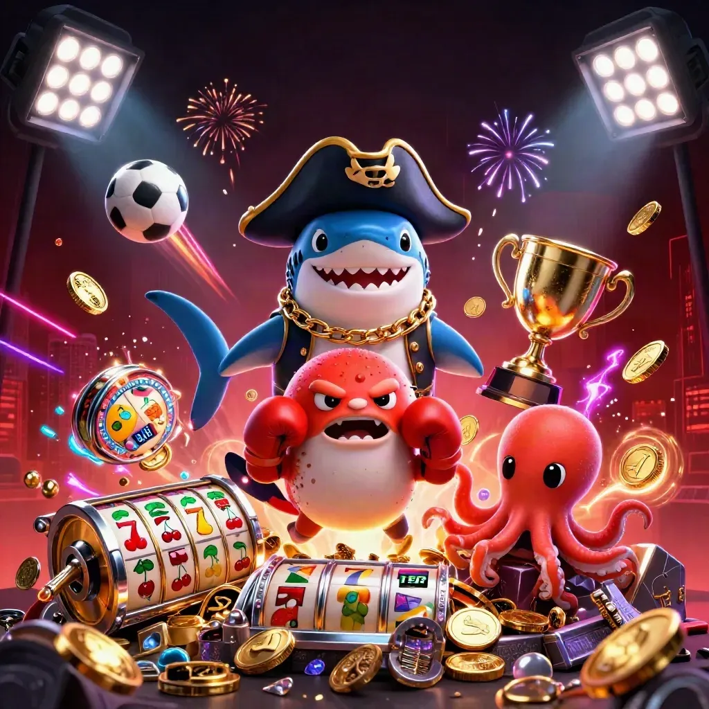 Pirate shark, boxing pufferfish and juggling octopus amid coins, sports balls and neon casino effects.