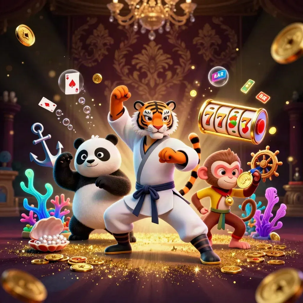 Kung-fu tiger, panda, and monkey amid casino treasure, coins, coral, and glowing slot symbols