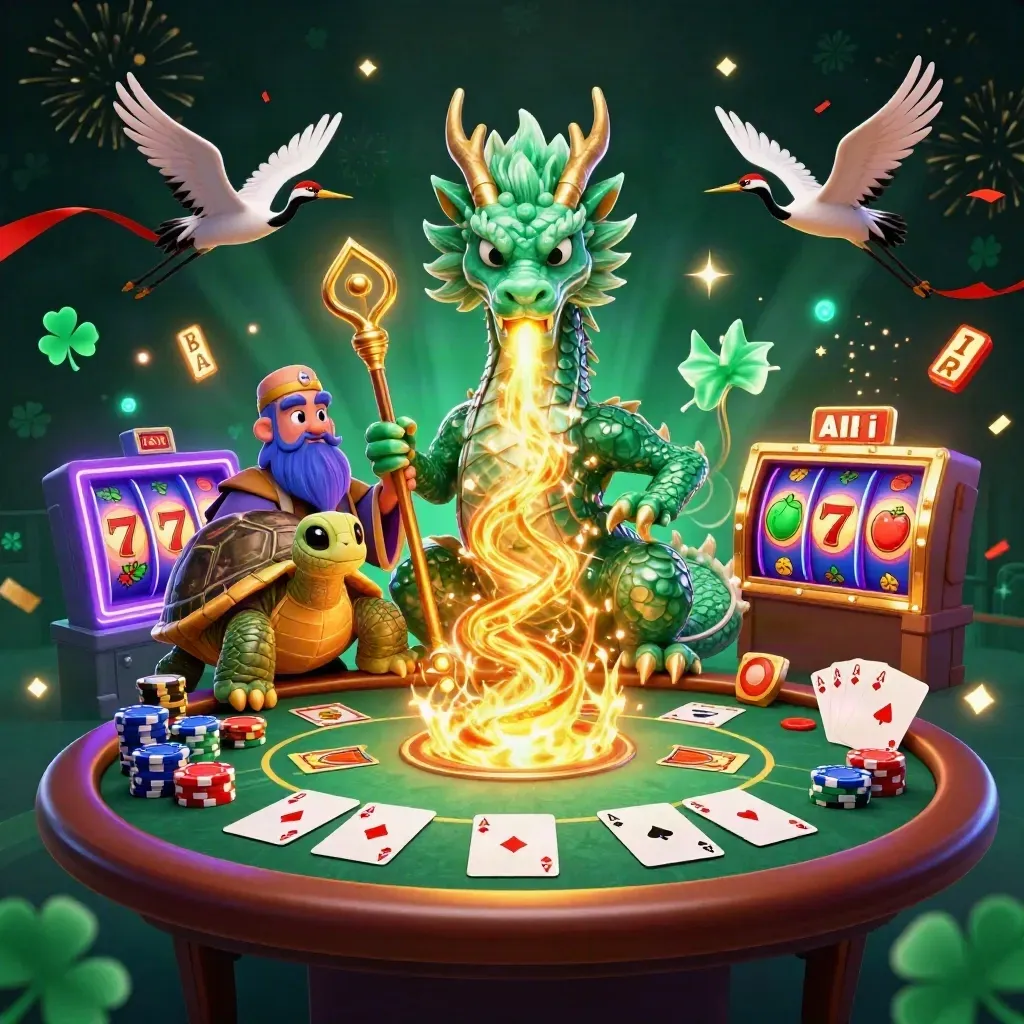 Emerald dragon, turtle sage, and cranes amid casino cards, chips, reels, and golden fire.