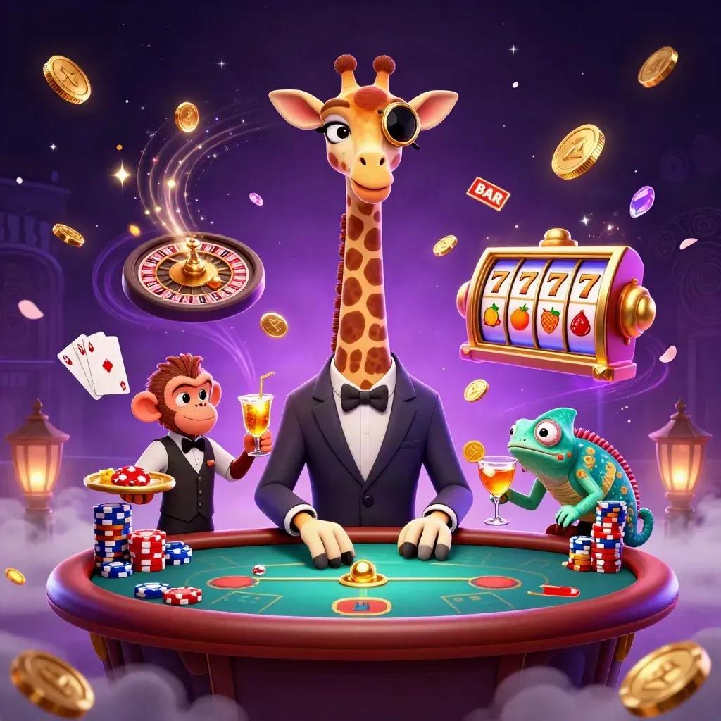High-roller giraffe, monkey valet, and chameleon bartender amid gold coins, roulette, chips, and slot symbols