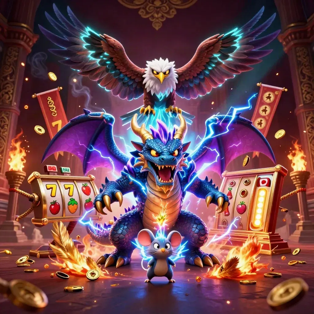 Thunder dragon with hawk and mouse amid casino fire, coins, temple gate, and neon slot symbols.