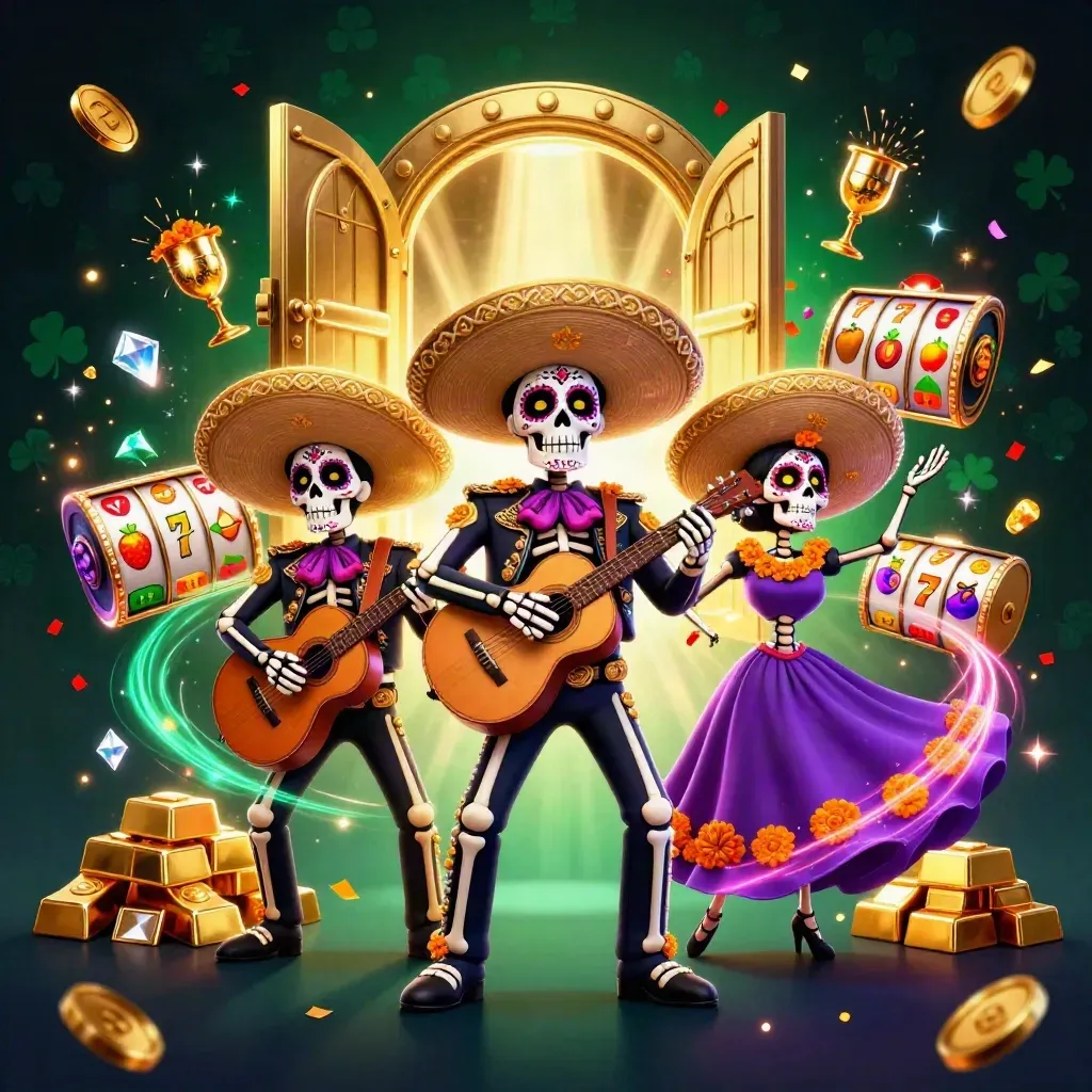 Skeleton mariachi trio with vault, gold, slots, fireworks, and neon casino glow.
