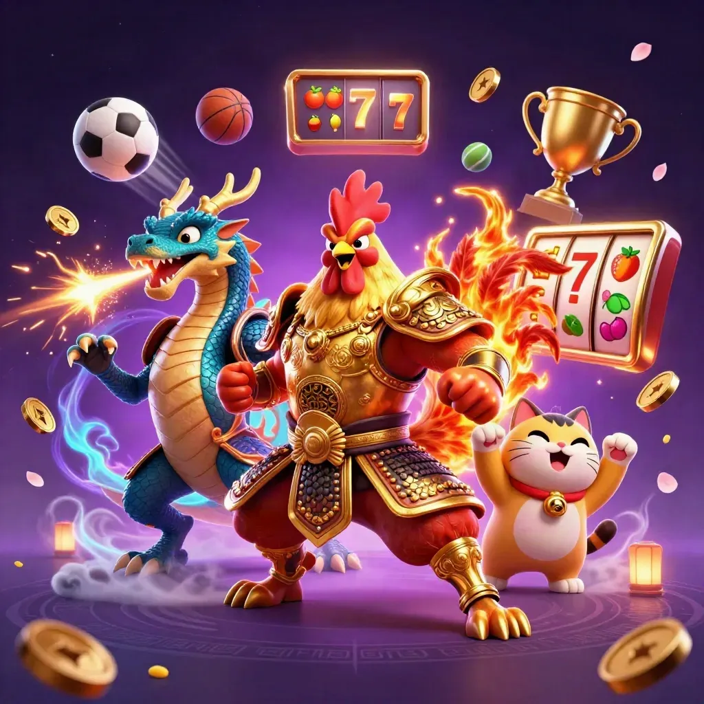 Rooster warrior, dragon hatchling and fortune-cat amid neon sports and casino effects