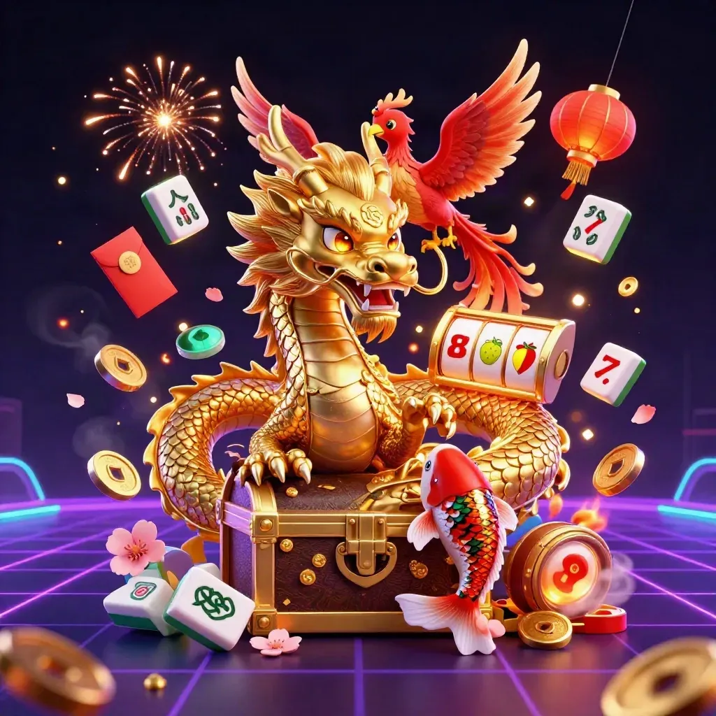 Golden dragon, phoenix, and koi amid casino tiles, lanterns, coins, and neon sparks.